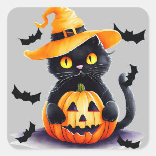 Sticker Carré Éffrayant chat noir et citrouille Halloween