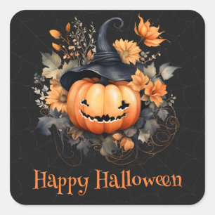 Sticker Carré Éffrayant Citrouille Web Black Orange Happy Hallow