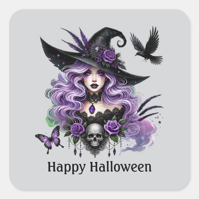 Sticker Carré Éffrayant Halloween sorcière personnalisable (Devant)
