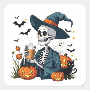 Sticker Carré Éffrayant Halloween Squelette Sippin Citrouille ép