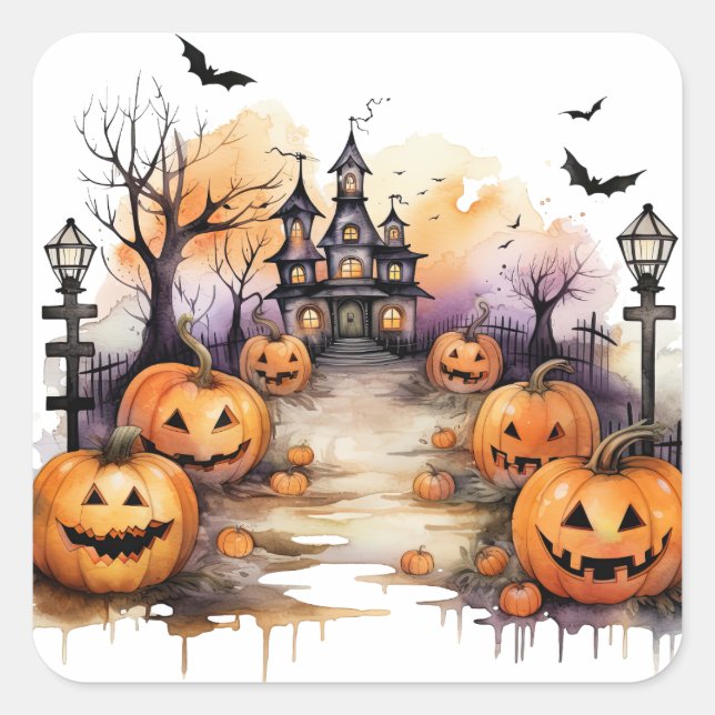 Sticker Carré Éffrayant Haunted House Citrouilles Halloween (Devant)