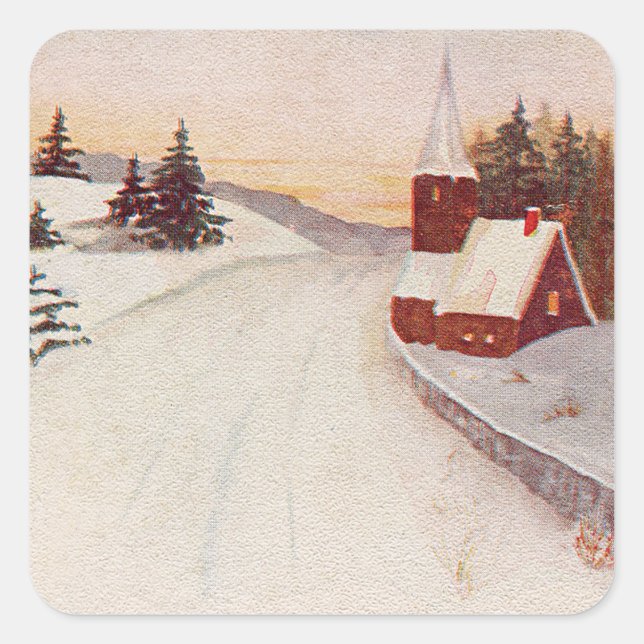 Sticker Carré Église Chrétienne Neige Hiver (Devant)