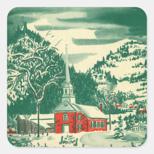 Sticker Carré Église de Noël vintage, paysage enneigé en hiver