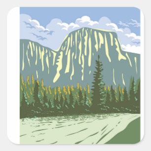Sticker Carré El Capitan à Yosemite Valley California WPA Art