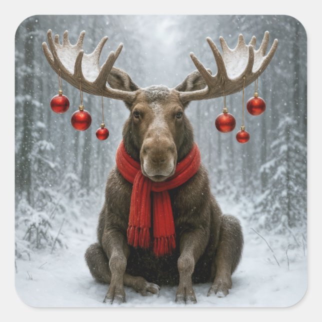 Sticker Carré Élan de Noël dans une forêt enneigée (Devant)