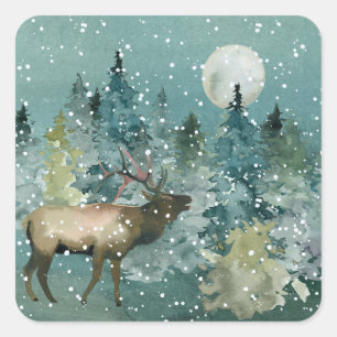 Sticker Carré Élan majestueux dans une forêt sous la neige au cl