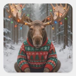 Sticker Carré Élan portant un pull de Noël laid