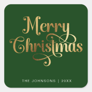 Sticker Carré Elegan Green & Gold Joyeux Script de Noël personna