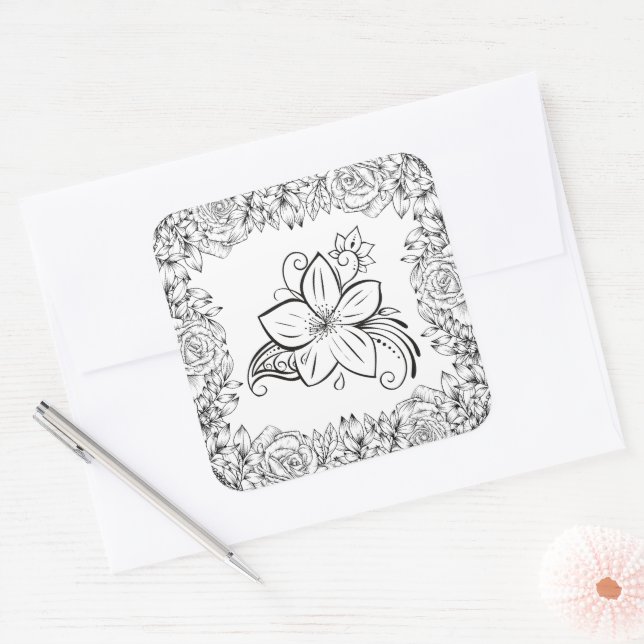Sticker Carré Élégance florale noir et blanc (Enveloppe)