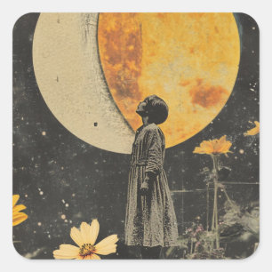 Sticker Carré Élégance Lune - Femme avec Lune