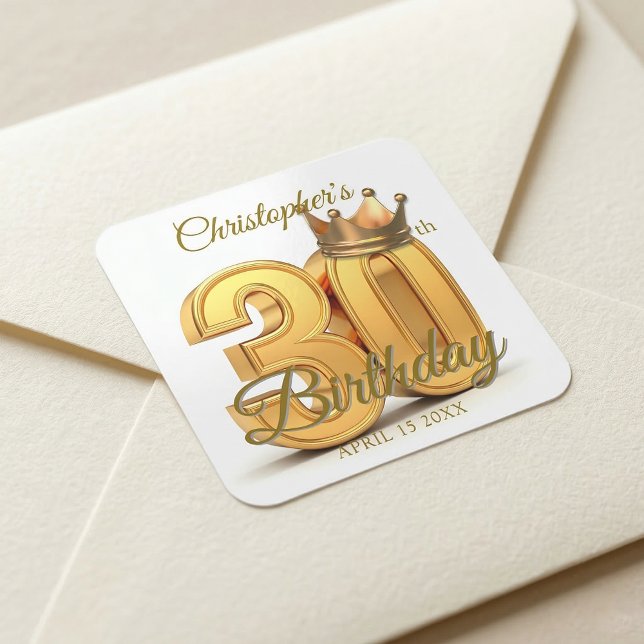 Sticker Carré Elegant 3D Gold Crown 30th Birthday Party (Créateur téléchargé)