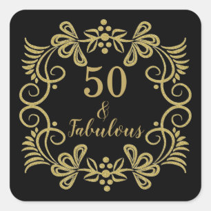 Sticker Carré Elégant 50 et Fabulous Black and Gold Birthday