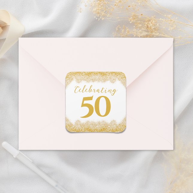 Sticker Carré Élégant 50e anniversaire Mariage Parties scintilla (Elegant 50th Wedding Anniversary Faux Gold Glitter Square Sticker)