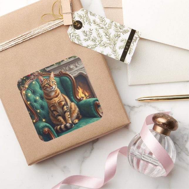 Sticker Carré Elegant Abyssinian Cat Regal Holiday Portrait Art (Cadeaux)