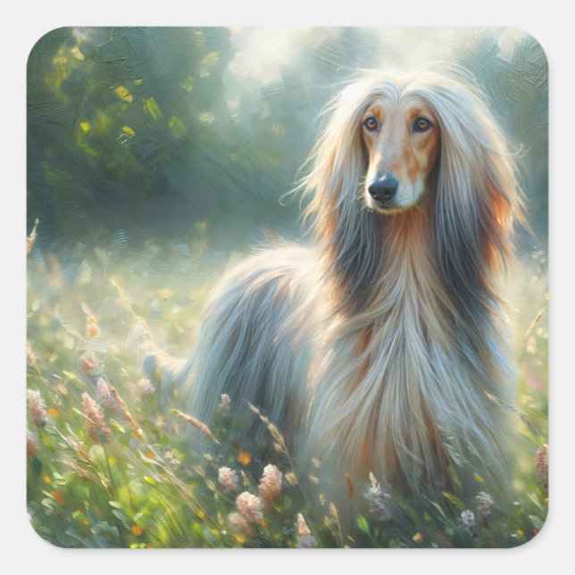 Sticker Carré Elegant Afghan Hound – Floral Meadow Painting (Devant)