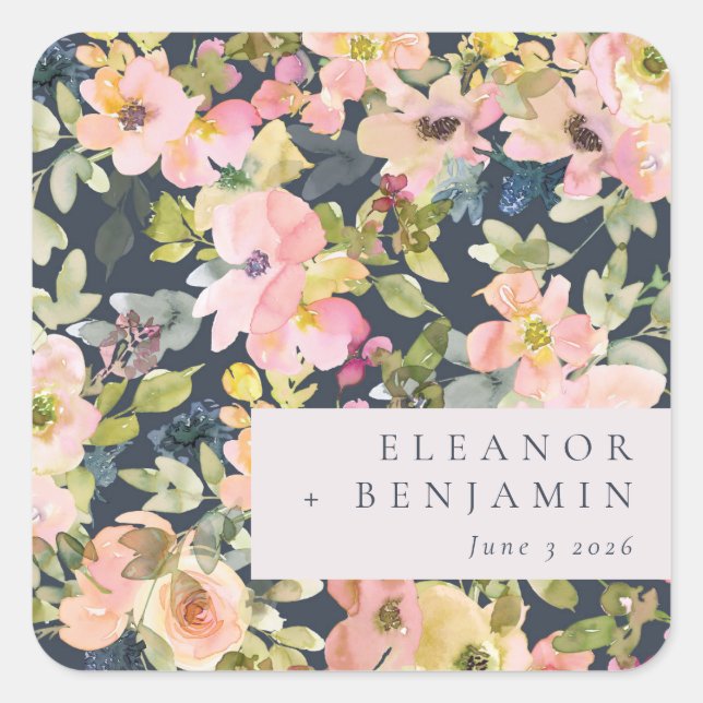 Sticker Carré Elégant Aquarelle de marine rose Floral Custom Wed (Devant)
