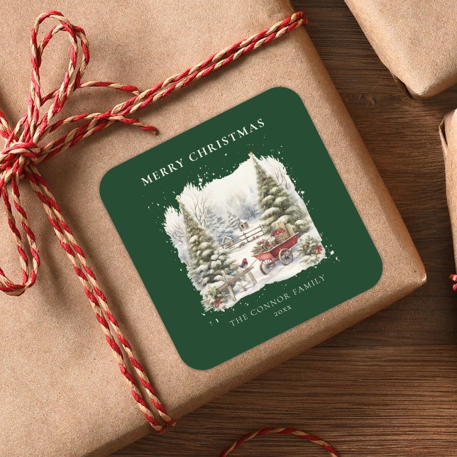 Sticker Carré Elégant Aquarelle Vintage Arbres de Noël (Créateur téléchargé)