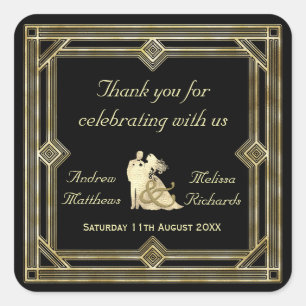 Sticker Carré Elégant Art Déco Or Noir Mariage Favoriser Personn