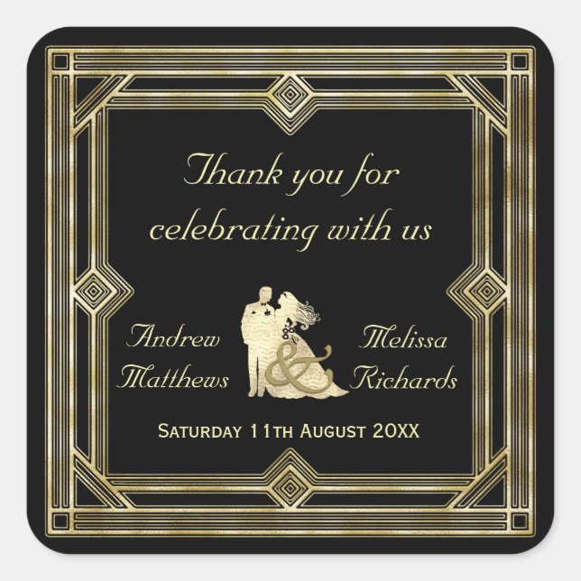 Sticker Carré Elégant Art Déco Or Noir Mariage Favoriser Personn (Devant)