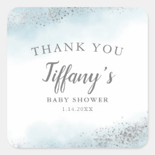 Sticker Carré Elégant Baby shower d'argent bleu