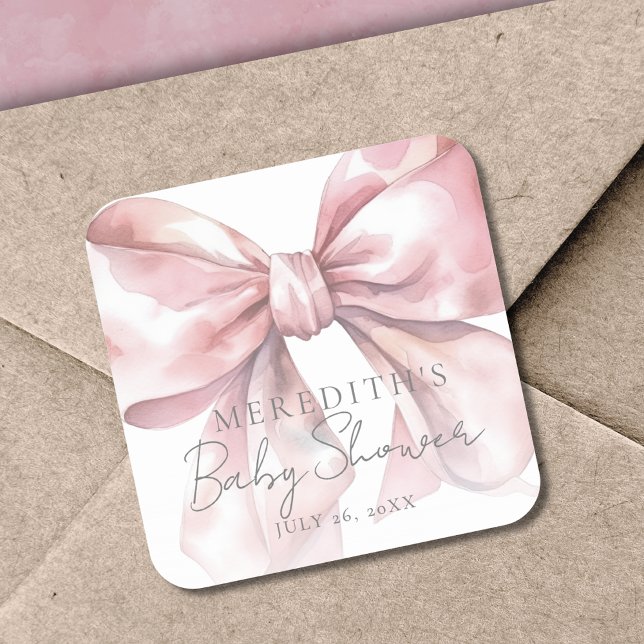 Sticker Carré Élégant Baby shower de cabot rose (Elegant Pink Bow Baby Shower Square Sticker)