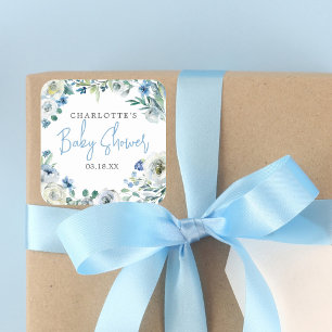 Sticker Carré Elégant Baby shower de garçon Floral Peony Bleu