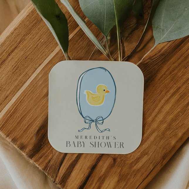 Sticker Carré Élégant Baby shower en caoutchouc Ducky (Elegant Rubber Ducky Ribbon Baby Shower Square Sticker)