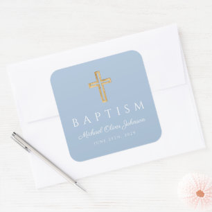 Sticker Carré Elégant Bébé Bleu Religieux Croix Garçon Baptême