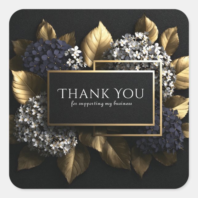 Sticker Carré Elegant Black and Gold Leaf Blue Hydrangea Luxury (Devant)