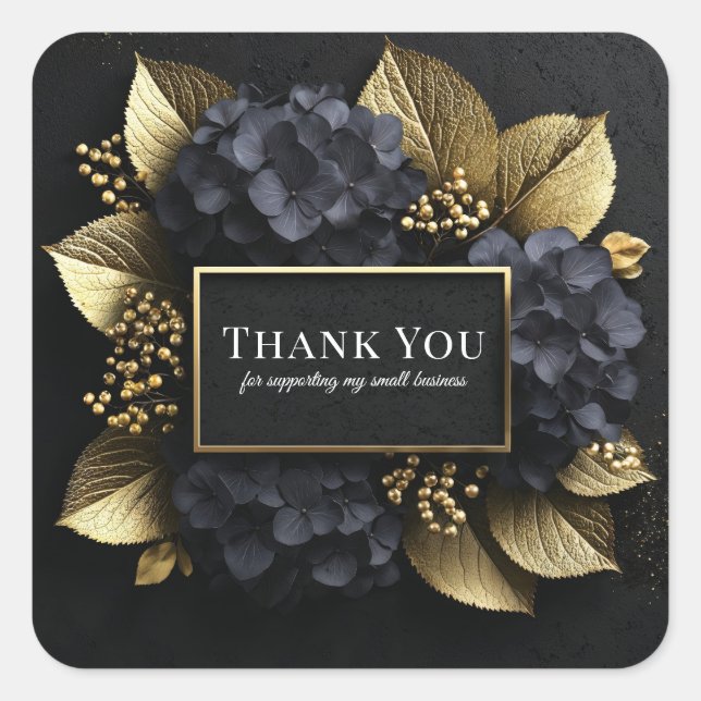 Sticker Carré Elegant Black and Gold Leaf Hydrangea Luxury Flora (Devant)