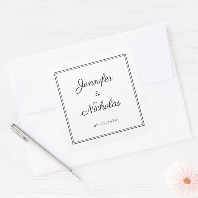 Sticker Carré Elegant  Black And White Script Wedding (Enveloppe)