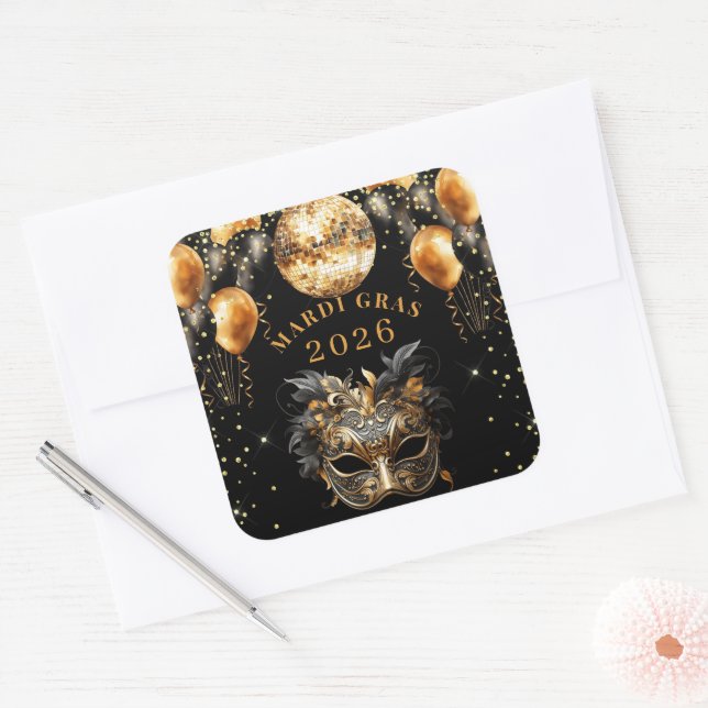 Sticker Carré Elegant Black Gold Glitter Mardi Gras 2026 (Enveloppe)