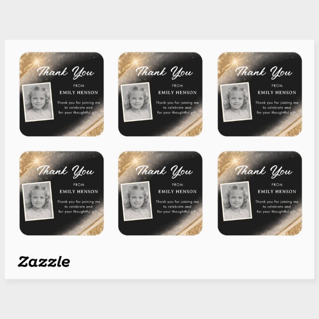 Sticker Carré Elegant Black Gold Glitter Photo Birthday (Feuille)