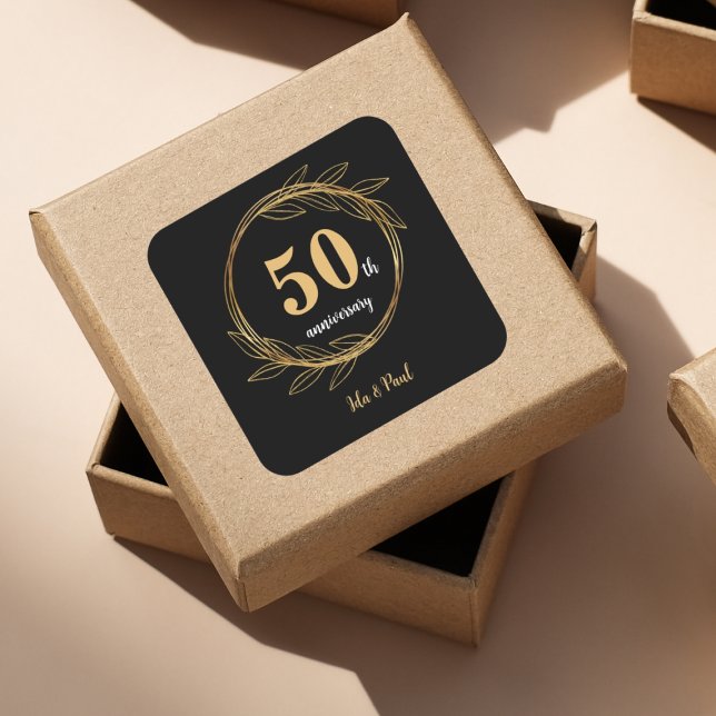 Sticker Carré Elégant Black Gold Leaf 50e anniversaire Mariage (Elegant Black Gold Leaf 50th Wedding Anniversary Square Sticker)