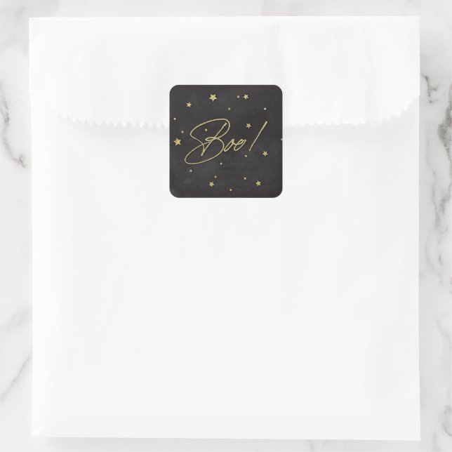 Sticker Carré Elégant Black+Gold Scattered Stars Boo! Halloween (Sac)