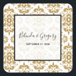 Sticker Carré Elégant Black Gold Vintage Wedding<br><div class="desc">Ce design est doté d'un élégant motif vintage doré. Le texte noir est encadré d'une bordure noire et d'un arrière - plan blanc opaque. Le motif en or damassé se trouve élégamment dans l'arrière - plan. Le mélange des couleurs noir et or crée un style sophistiqué, tendance et chic. Design...</div>