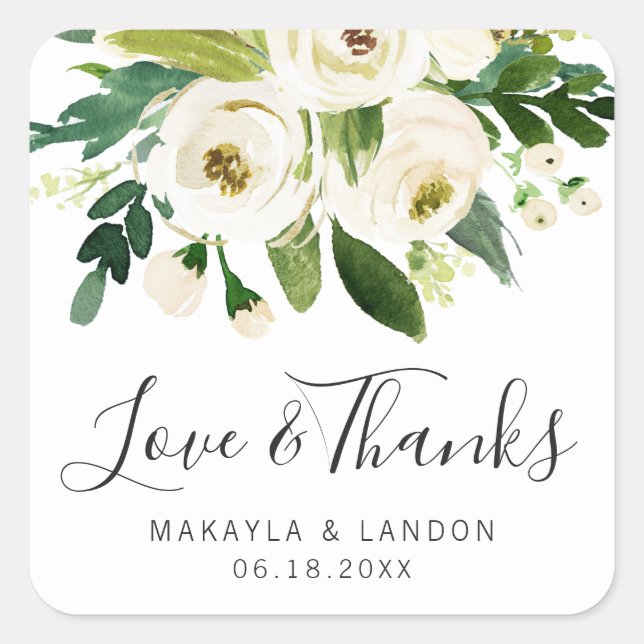 Sticker Carré Elégant blanc Aquarelle Floral Mariage (Devant)