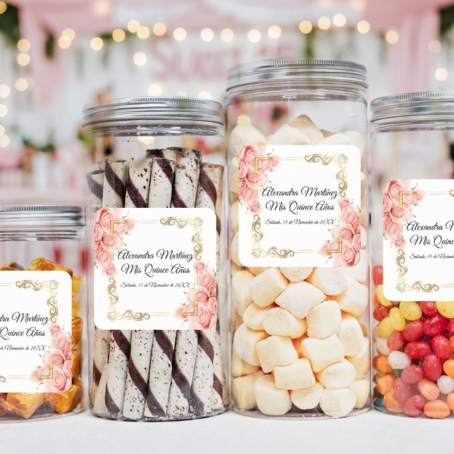 Sticker Carré Elégant blanc simple rose rose or Quinceañera (Créateur téléchargé)