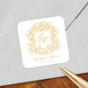 Sticker Carré Élégant blason de monogramme de mariage vintage or