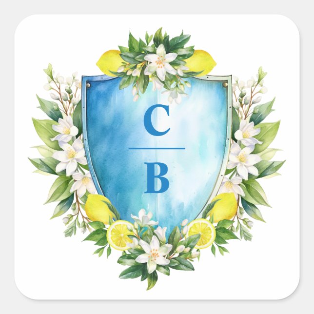 Sticker Carré Élégant bleu Floral citron Crest Monogram Mariage (Devant)