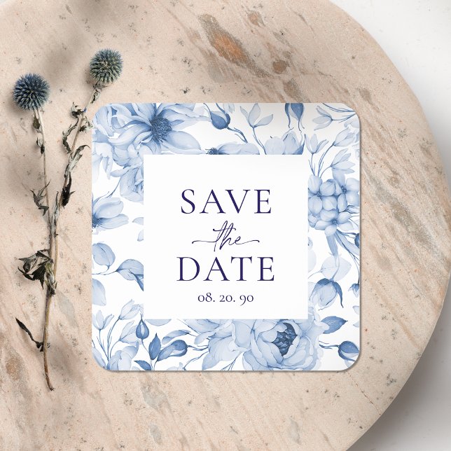Sticker Carré Elégant bleu floral "Save the Date" Mariage (Créateur téléchargé)