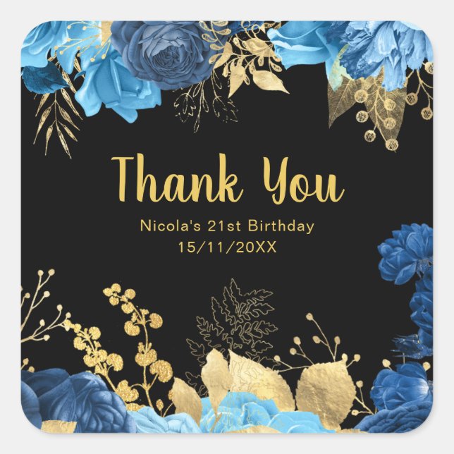 Sticker Carré Elegant Blue and Gold Flowers Birthday Party  (Devant)