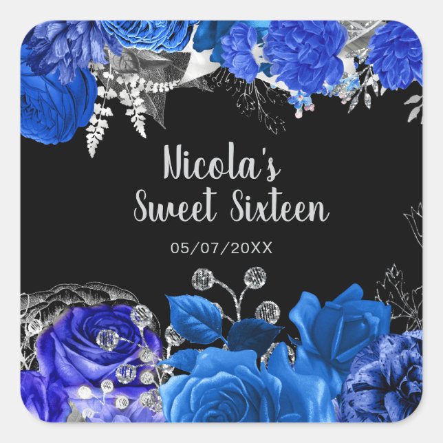 Sticker Carré Elegant Blue and Silver Flowers Sweet Sixteen (Devant)