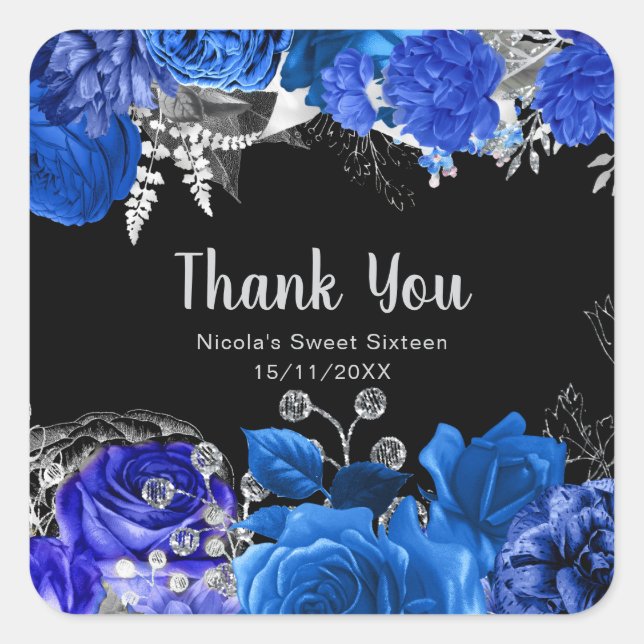 Sticker Carré Elegant Blue and Silver Flowers Sweet Sixteen (Devant)