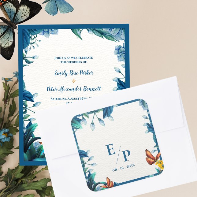 Sticker Carré Elegant Blue Botanical Butterfly Monogram Wedding (Elegant Blue Botanical Butterfly Monogram Wedding Square Sticker)