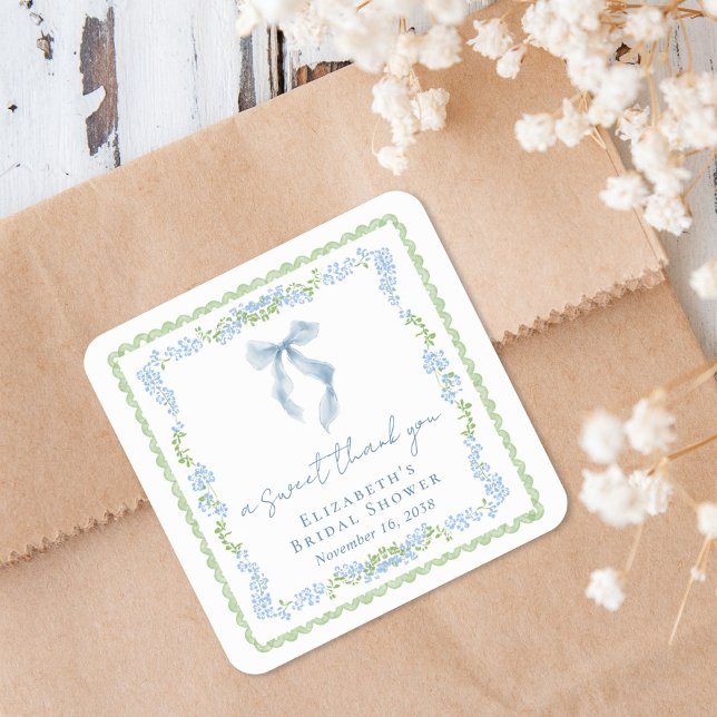 Sticker Carré Elegant Blue Bow Bridal Shower Thank You (Elegant Blue Bow Bridal Shower Thank You Square Sticker)