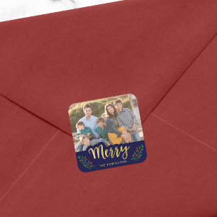 Sticker Carré Élégant Blue Festive Foliage Joyeux Fête Photo