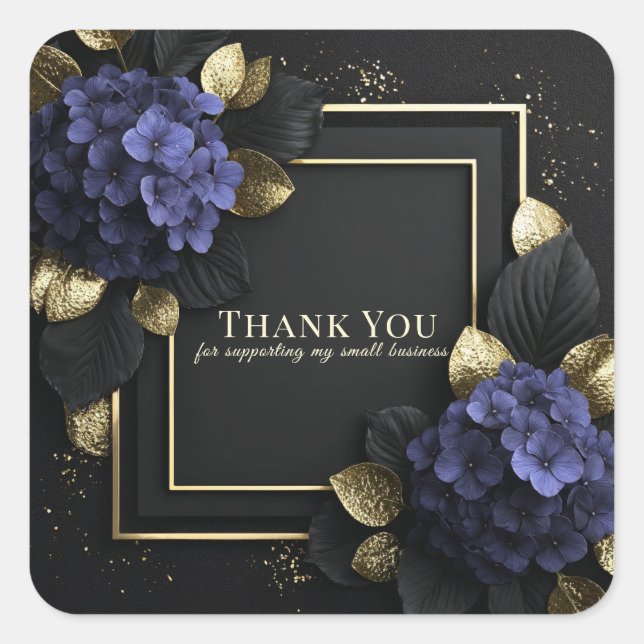Sticker Carré Elegant Blue Hydrangea Black and Gold Leaf Floral (Devant)