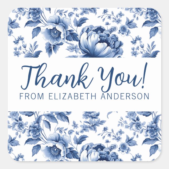 Sticker Carré Elegant Blue Vintage Rose Floral Thank You (Devant)