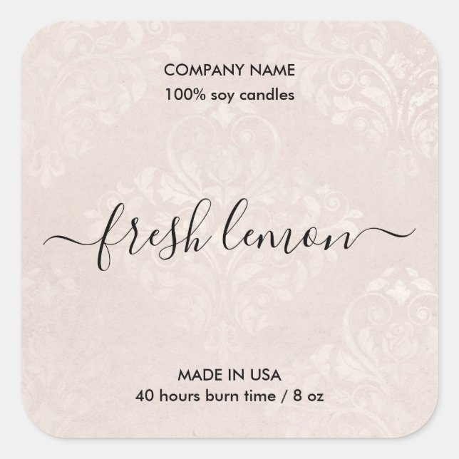 Sticker Carré élégant blush damask rustique bougie produit étiqu (Devant)